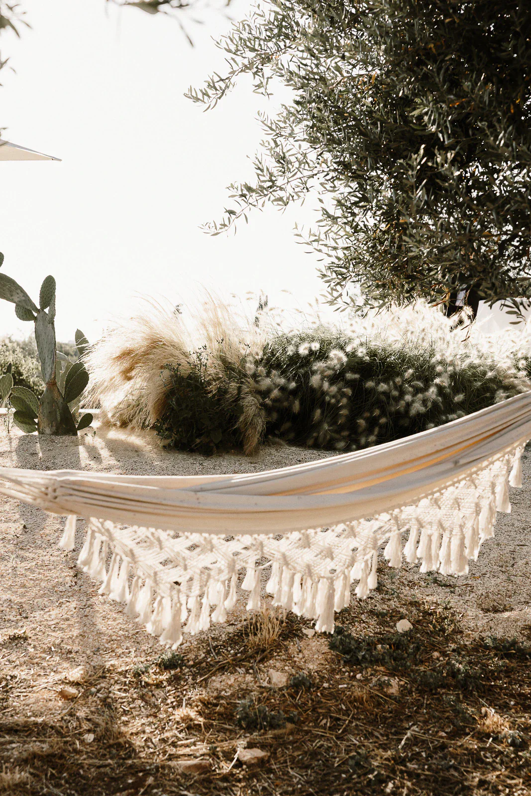 In sun-drenched Puglia, a tasseled white hammock sways gently amid lush cacti and serene Mediterranean garden charm.