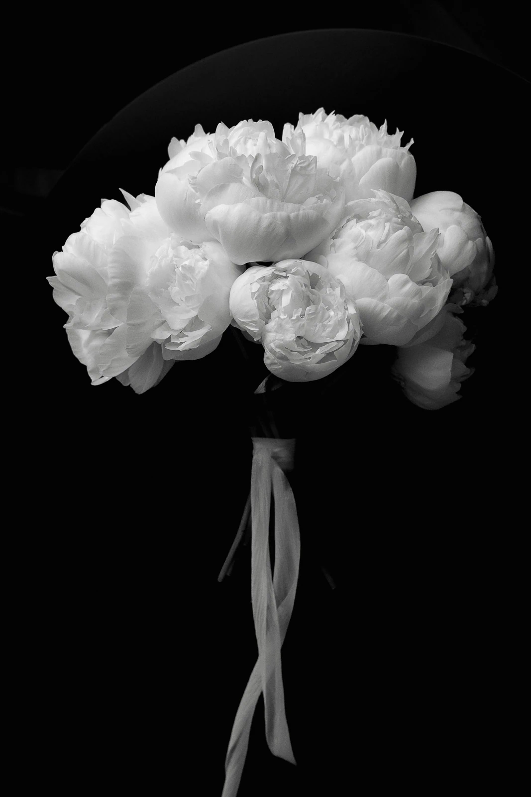 Timeless white peonies gathered with silk, evoking romance and Italian elegance, captured in monochrome for an editorial Puglia wedding.