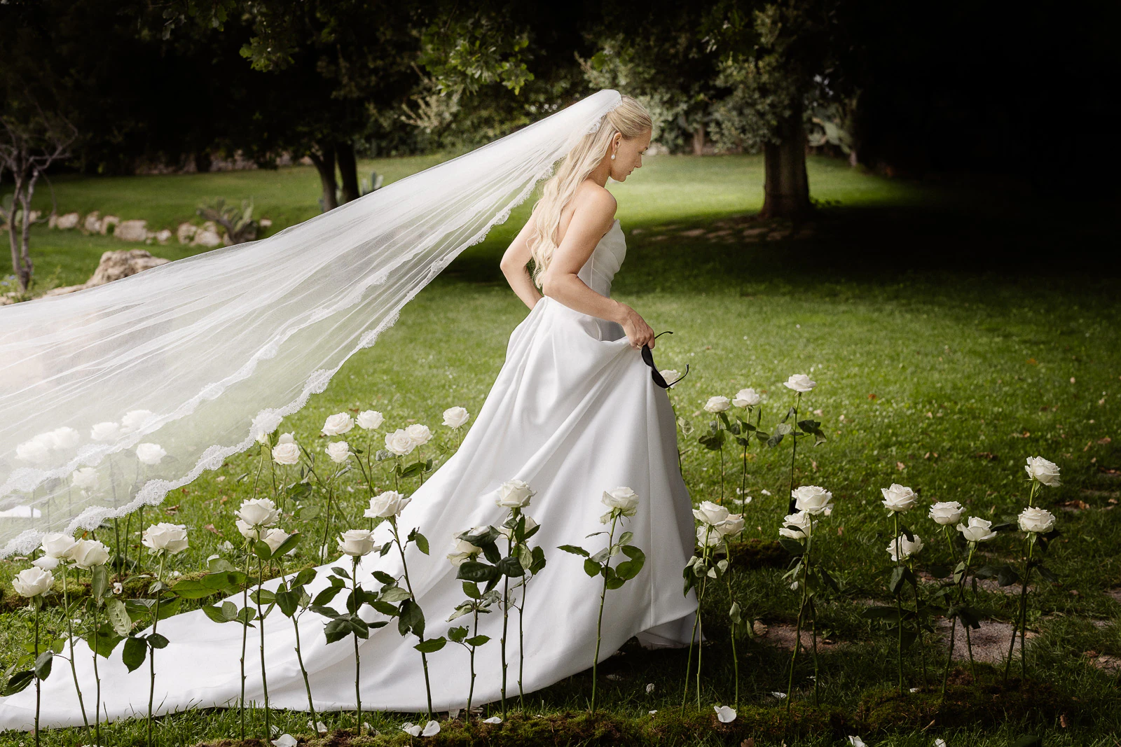 A bride in an elegant white gown strolls through lush gardens of white roses in sun-dappled Puglian countryside.
